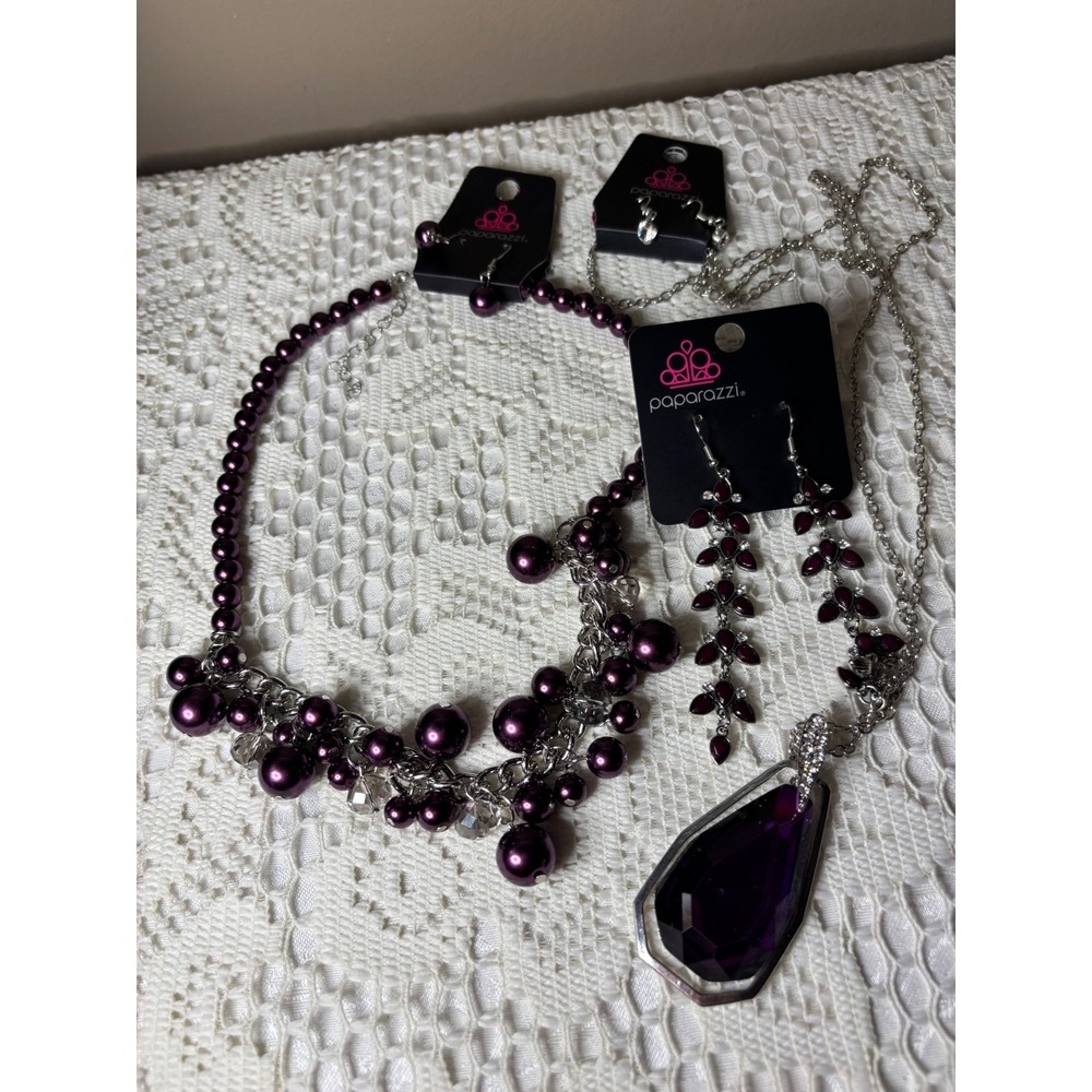 Paparazzi Purple Pearl Cluster & Teardrop Pendant Necklace Earring Jewelry Lot